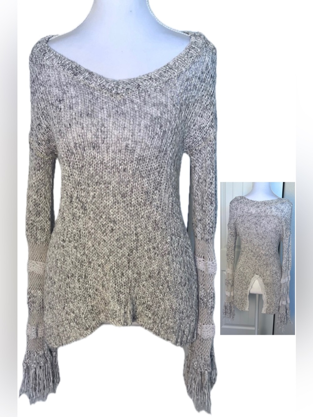 Fringe Knit Crochet Sleeves Reverse V on back Boho Hippie Western Y2K Vibe Sz XS